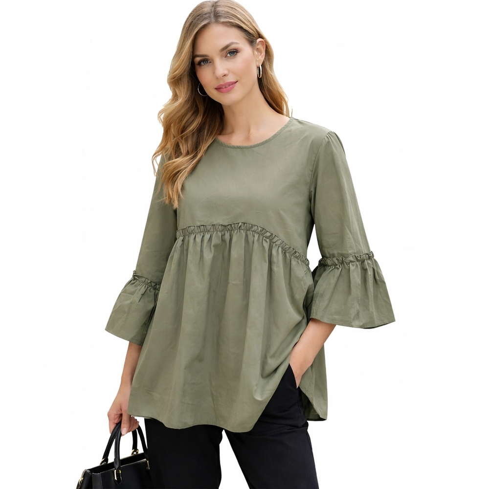 NWT Chepe 100% Cotton Olive Peplum Top Bell Sleeve Boho Chic Blouse